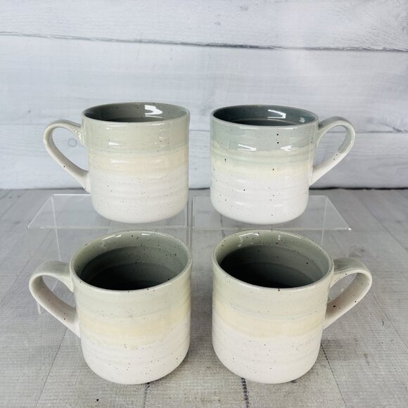 Baum Brothers HEARTH Seafoam Sponge Speckle Beige 15oz Stoneware Cups Mugs Set 4 - Picture 2 of 16